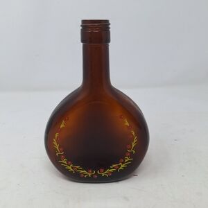Vintage Bocksbeutel Glass Bottle Brown Yellow Red Floral Accents 80s Decanter